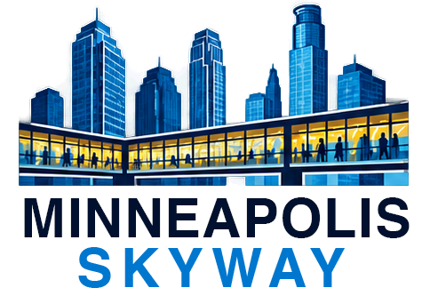 Logo of Skyway with building shapes and the words Minneapolis Skyway